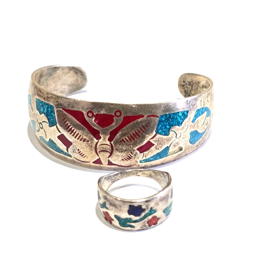 Sterling Silver Inlaid Coral & Turquoise Zuni Story Teller Cuff Bracelet & RING